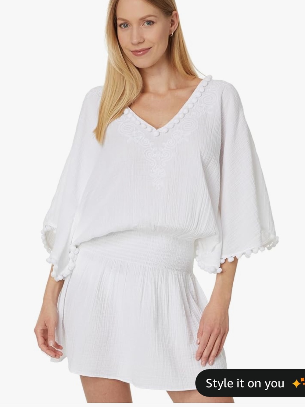 Lilly Pulitzer Women's White Amaury Embroidered Coverup Pom Pom VNeck Small
